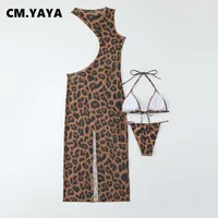 CM.YAYA Women Beach Bikini Set with Cutout Leopard Printed Sexy Long Bodycon Swimsuit Three 2 Piece Set Swimwear Bathing Suit 3