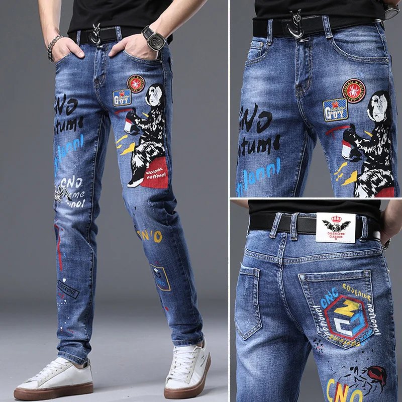 

Весенне-осенние мужские джинсы премиум-класса с принтом, облегающие, эластичные, повседневные, с низкой посадкой, на молнии