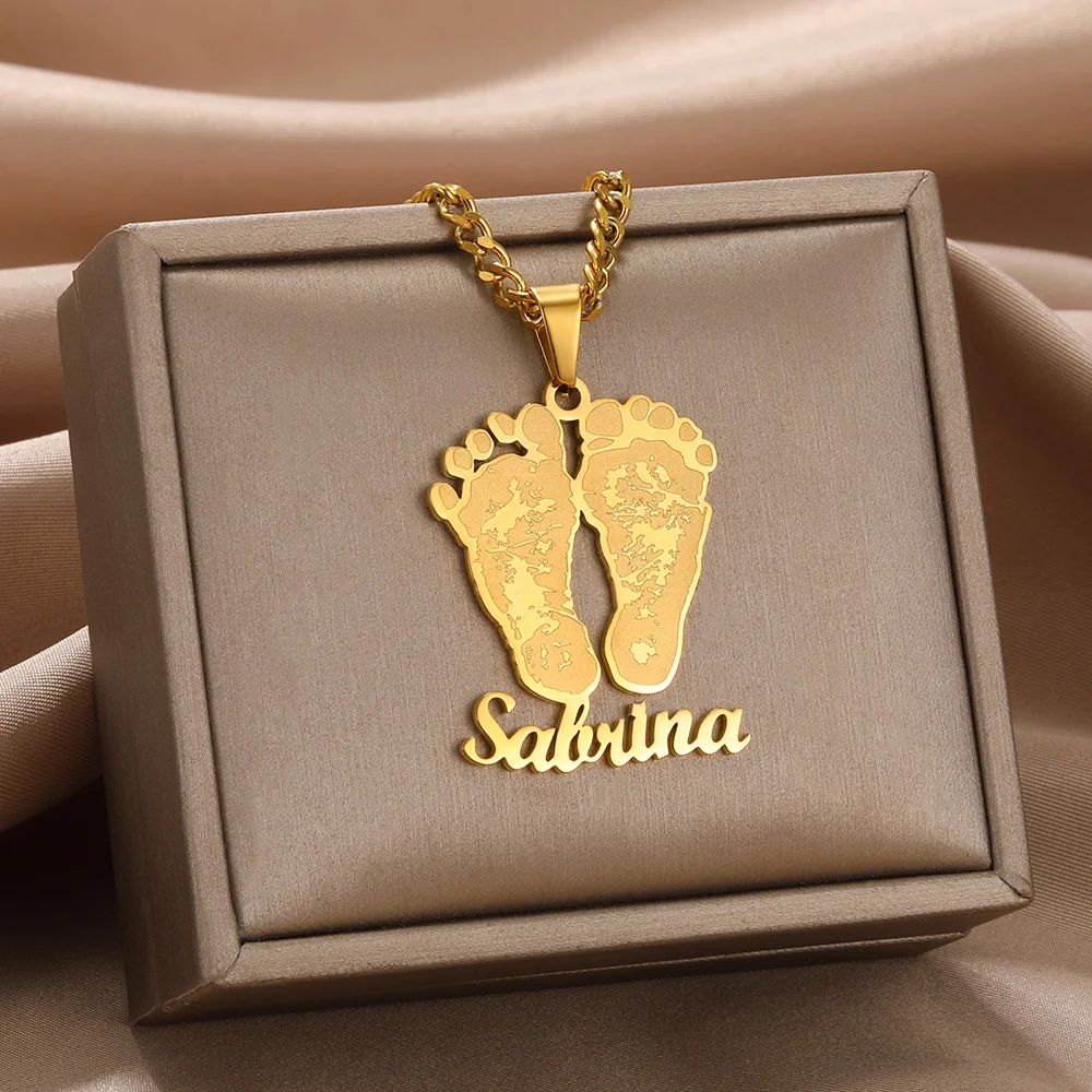 Custom Name Baby Feet Necklace For Women Gold Color Stainless Steel Nameplate Pendant Necklace Child Jewelry Birthday Gift view 2