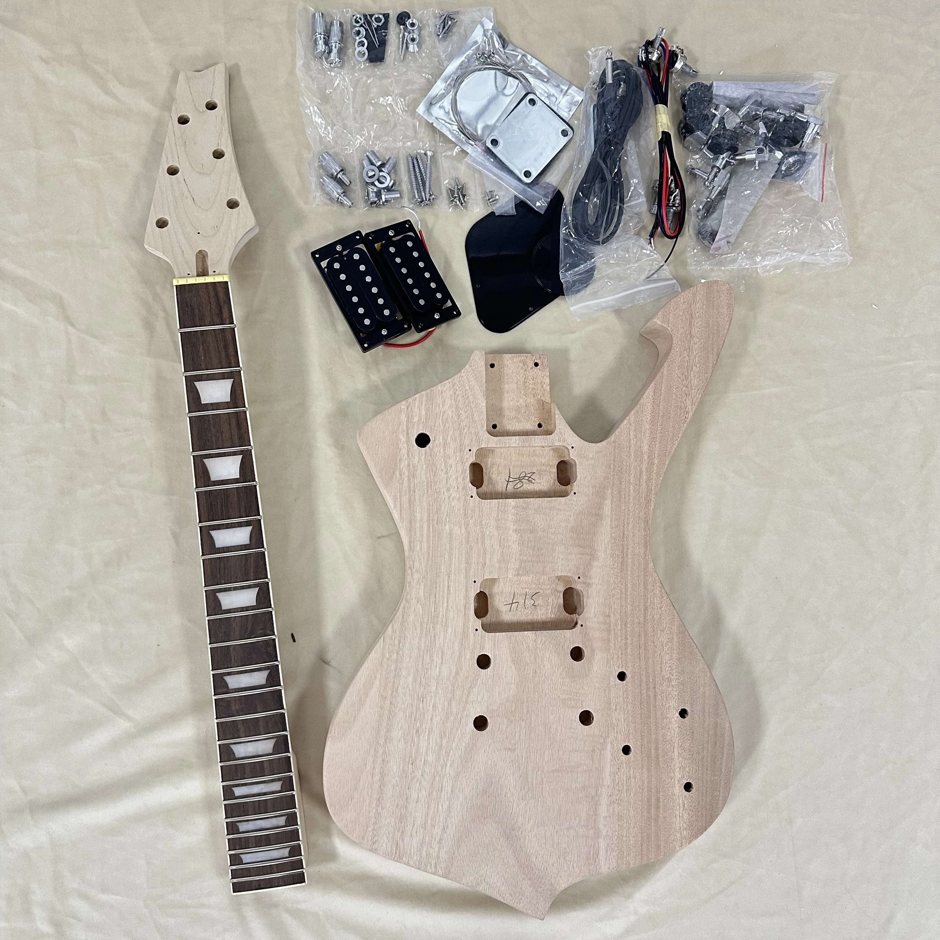 Blank Odd Shape Electric Guitar DIY Kit Block Inlay Neck Single Humbucker Pre-Wired Harness All Mounting Hardware Included