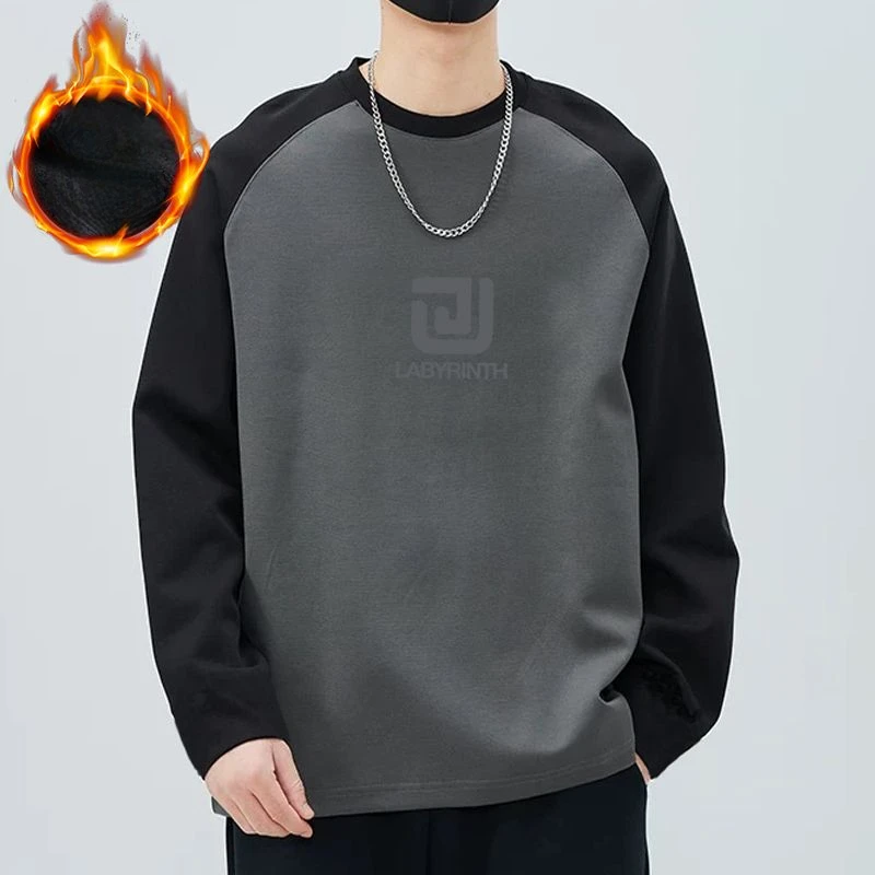 

Thicken Patchwork Thermal Round Neck T-shirt Men Long Sleeves Young Style Raglan Sleeve Affordable Contrast Color Casual Tops