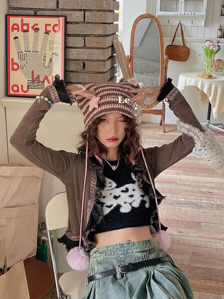 

Warm Knitted Hat with Ears Stripe Pattern Devili Design Snug Fit Cotton Yarn ex Spring Autumn Winter Faion Accory