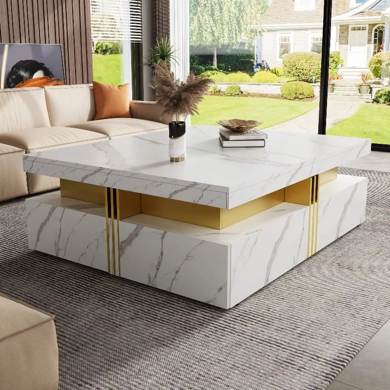 #Modern Square Marble Storage Coffee Table With 4 Drawers Durable Movable Nesting Design