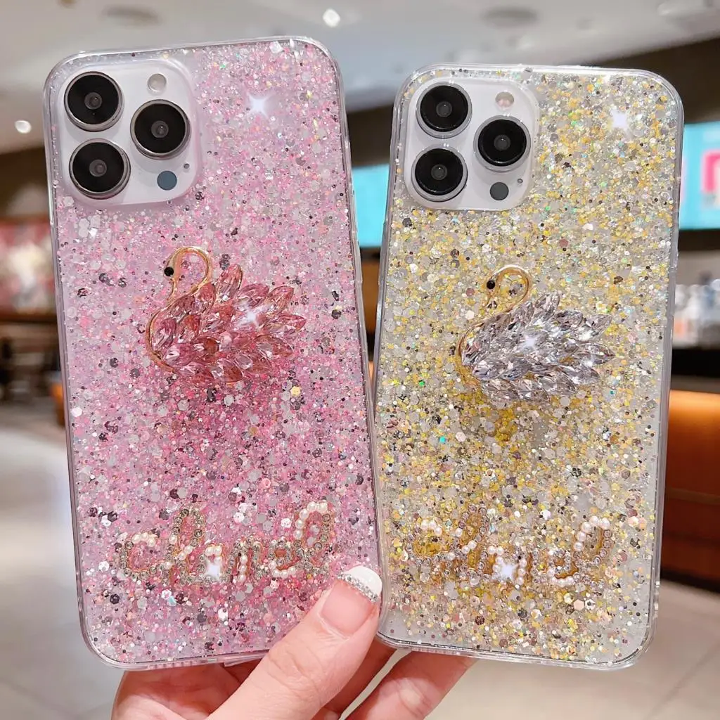 Fashion Bling Glitter Phone Case For Xiaomi Redmi 13 12 Note 12R Diamond Swan SMD TPU Soft Back Cover