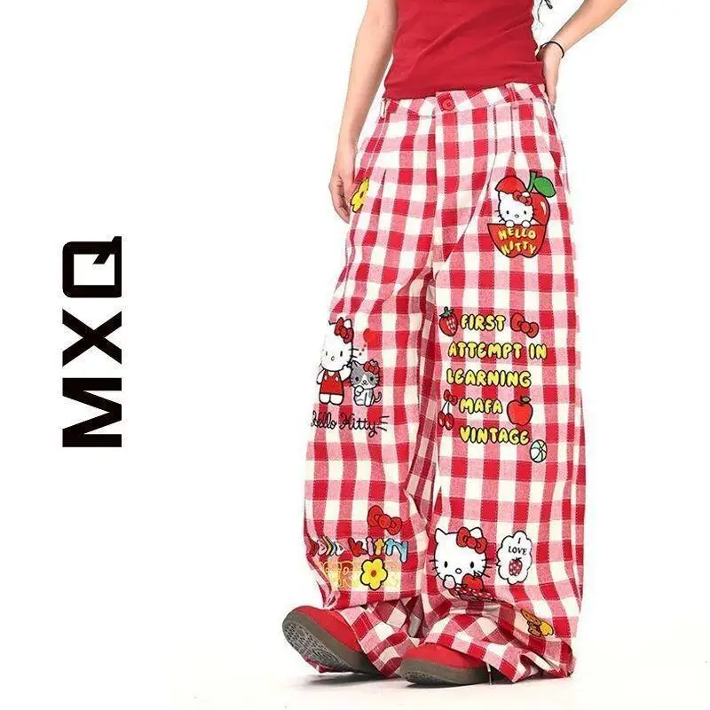 

Sanrio Hello Kitty women's Pants Thick Plaid Fabric For Students Autumn Fashion Stylish Red White Checkered Loose Fit Cartoon