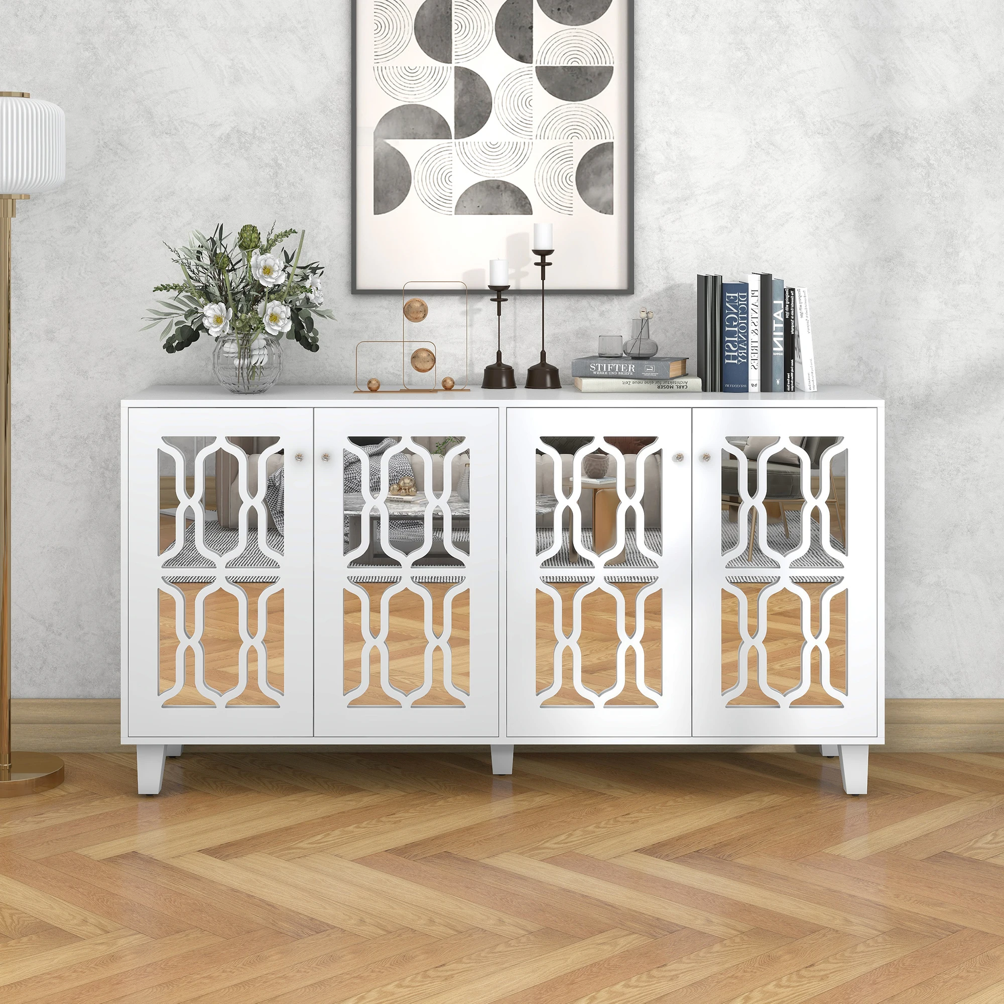 VSOGA White Mirrored Sideboard With Cool Crystal Handles, Four Doors And Removable Laminate Panels. 160 X 40 X 84 Cm