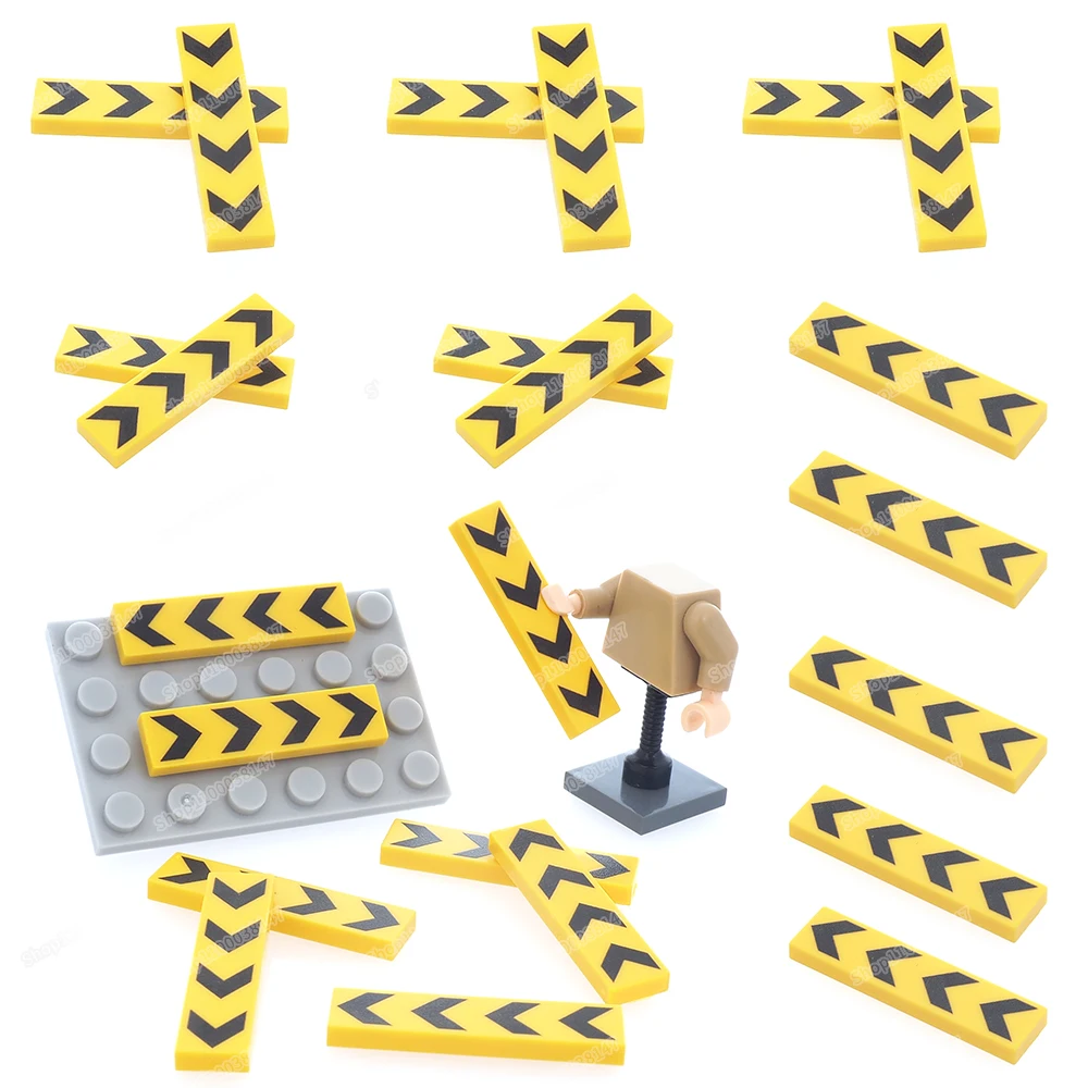 Direction Black Arrow Pattern Printed Tiles 1x4 Building Block 2431- Moc Traffic Yellow Warning Scene Parts Model Diy Gifts Toys