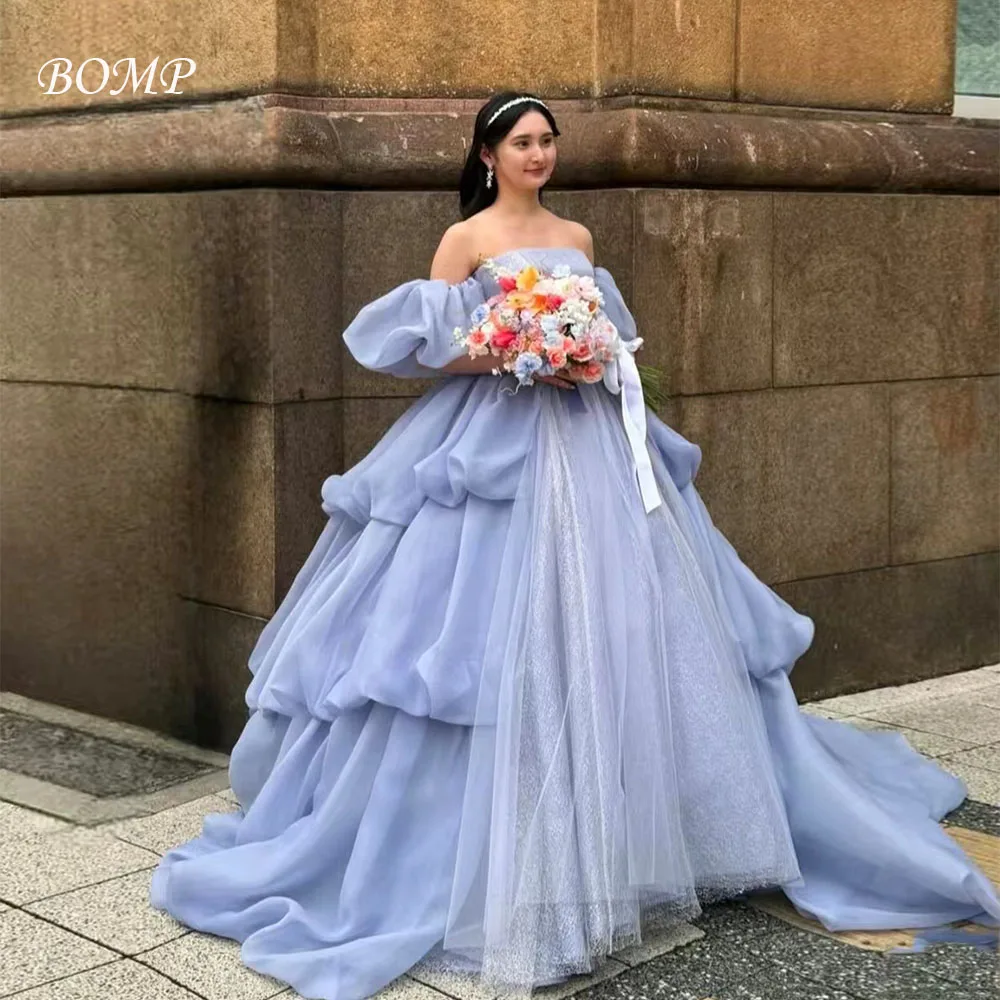 BOMP 프린세스 블루 웨딩 드레스 오프 숄더 다층 스윕 트레인 드레이프 Organza 한국 사진 촬영 신부 가운 맞춤형