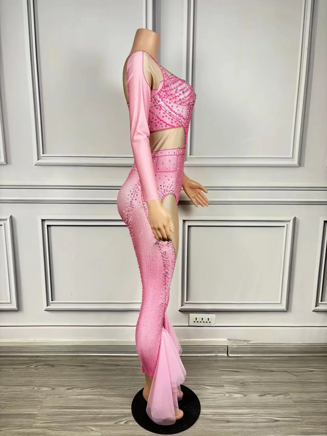 2024 New Designed Pink Rhinestones Long Sleeves Jumpsuit Birthday Celebrate Stretch Bodysuit Costume Singer\'s outfit niuzai