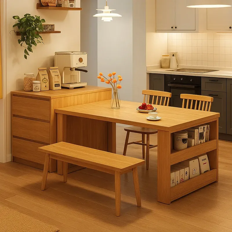 Walnut Dining Table for Small Apartment Minimalist Modern Rectangular Kitchen Table with Chairs Island Bar Table Storage