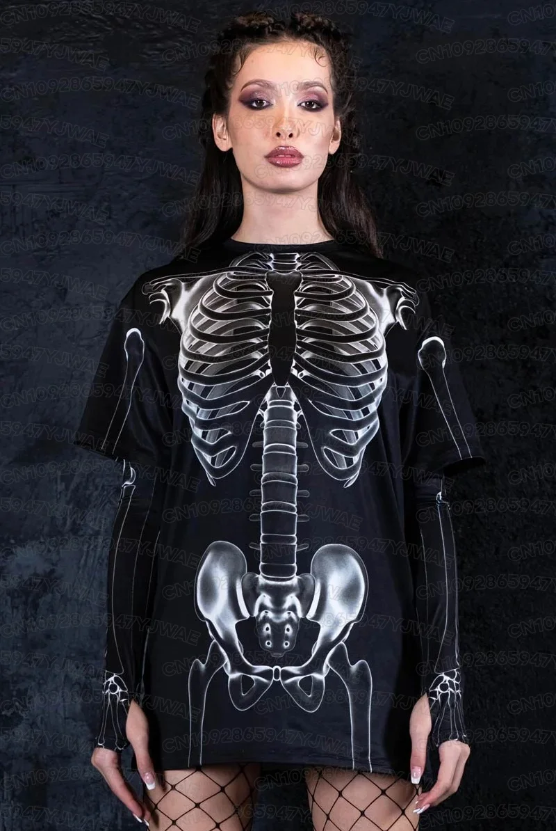 Summer Women's Men's Negative Skeleton Short Sleeve Casual Oversized Round Neck Drop Shoulder Halloween T-shirt Tops