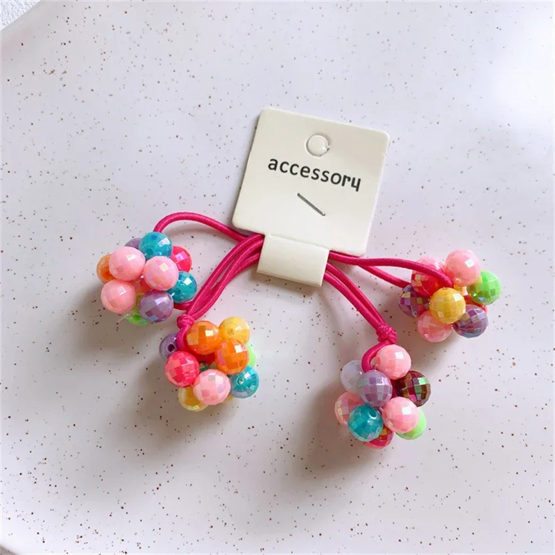 2pcs/set Colorful Beads Ball Elastic Hair Bands for Girls Candy Sweet Rubber Scrunchies Kids Hair Ties Gum Headwear