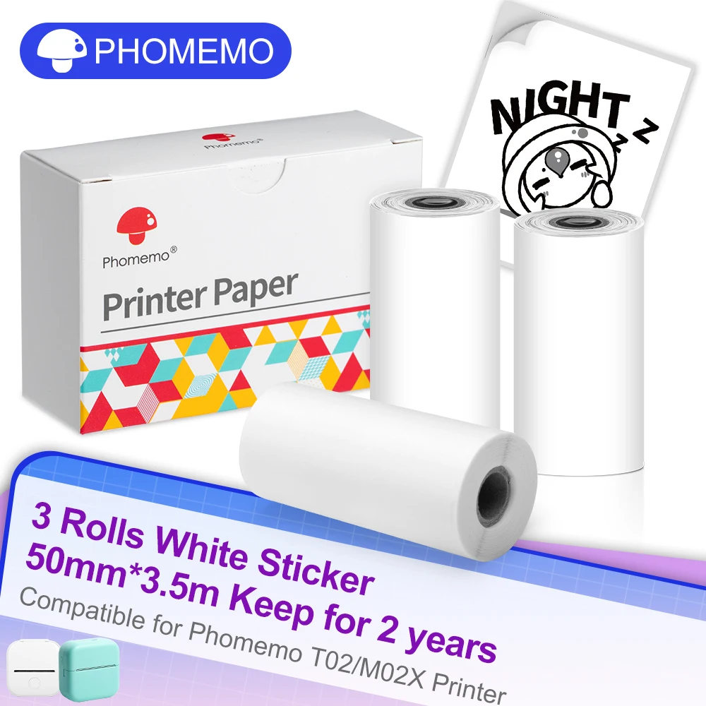 3 Rolls/box Phomemo Black on White Thermal Paper Self-Adhesive Sticker 53mm x 3.5mFor T02/M02X Mini Portable Thermal Printer