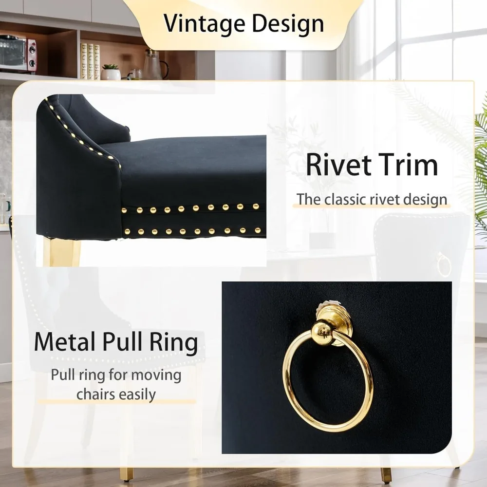 Tufted Velvet Chairs with Golden Stainless Legs, Rivet Trim Metal Pull Ring Large Back for Kitchen Dining Room Restaurant