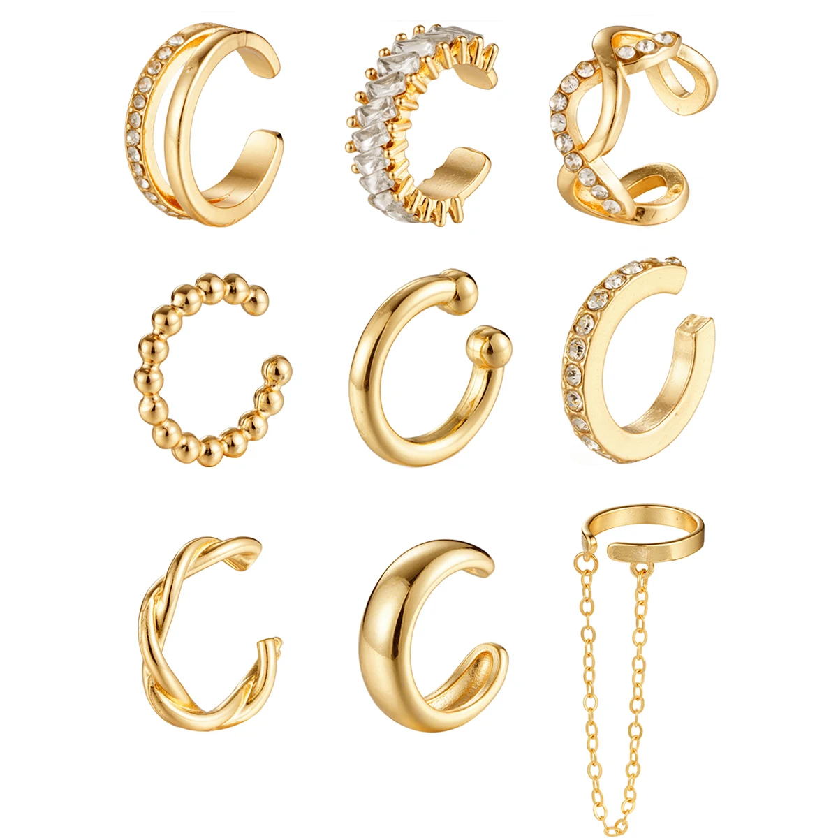 9 Stück einfache Zirkon-Ohrklemmen ohne Piercing für Damen, zierliche goldfarbene Clip-On-Knorpelohrringe, Hoop-Cuffs, Fake-Ohrringe, Schmuck