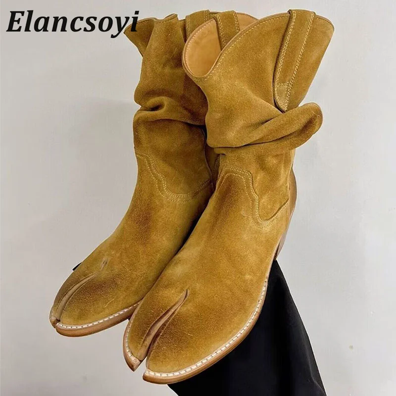 

Round Toe Cow Suede Split Toe Mid Calf Booties Women's Square Heel Solid Color Retro Chelsea Boots Autumn Winter Modern Boots