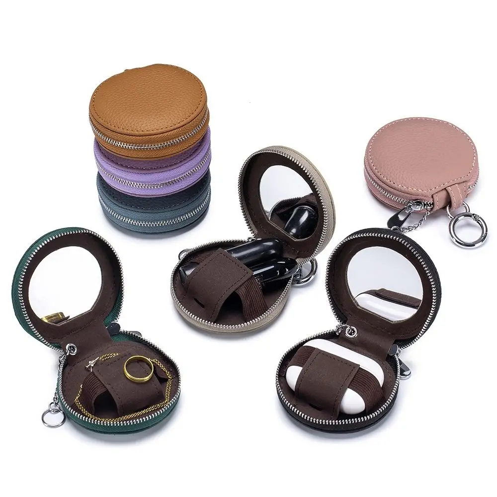 Saco de mudança bonito bolsa de moedas de couro do plutônio com espelho zíper batom saco de armazenamento pequeno estilo coreano saco de fone de ouvido saco pingente decoração