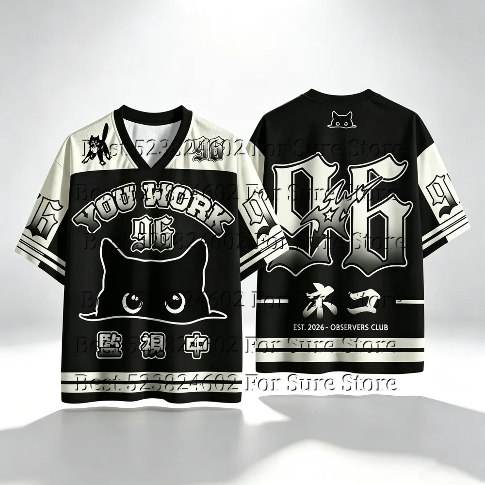 Summer Mesh Breathable Hockey Jersey T-shirt Japanese Neko Monitor Print V Neck Color Block Short Sleeve Y2K Hip Hop Unisex Tops