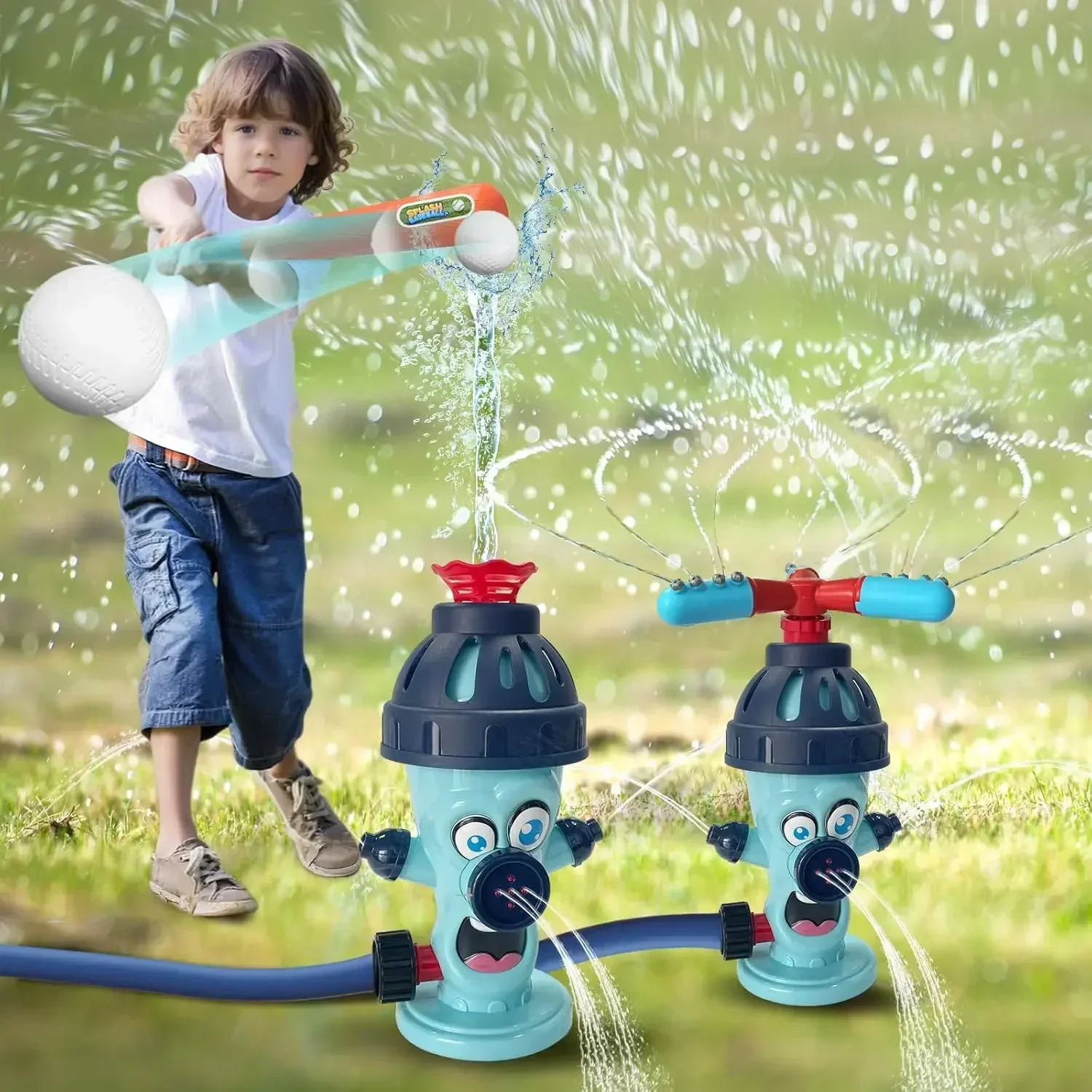 2 in 1 Water Spray Sprinkler T Ball Set Baseball Pitching Machine Hydrant Water Spray Toy with 2 Sprinkler Heads 4 Balls for Kid