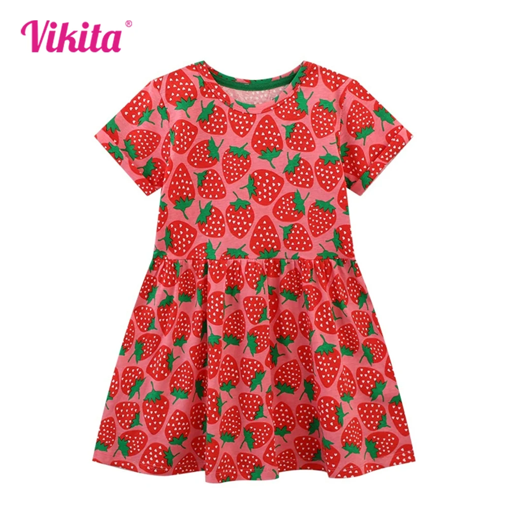 

VIKITA 2025 New Fashion Kids Summer Short Sleeve Dress Strawberry Cartoon Print Daily School Princess Cotton Casual Red Dresses