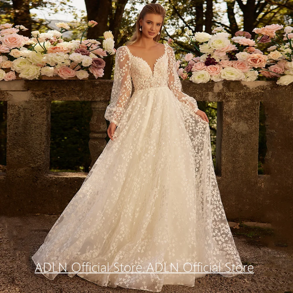 Prinzessin Hochzeitskleid Maßgeschneiderte Puffärmel Tiefer V-Ausschnitt Exquisite Spitze A-Linie Brautkleid Frau Korsett Braut Kleider