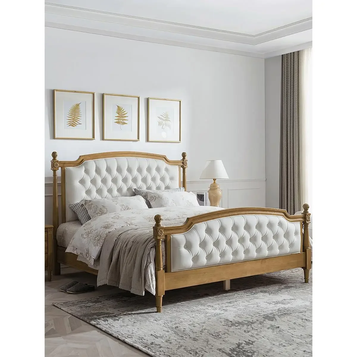 American retro solid wood master bedroom double bed French light luxury leather high-end solid wood bed