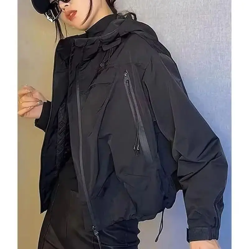 

2025 Korean Short Baseball Jacket Women Coat Spring Loose Hooded zipper Workwear Jacket Leisure Lady Windbreaker Outwear