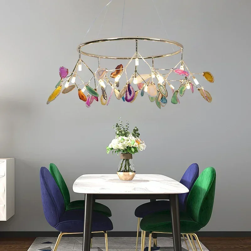 

Modern Colorful Agate LED Pendant Lamp Romantic Leaves Shape Chandelier Art Room Hall Living Room Decoration LED Lights
