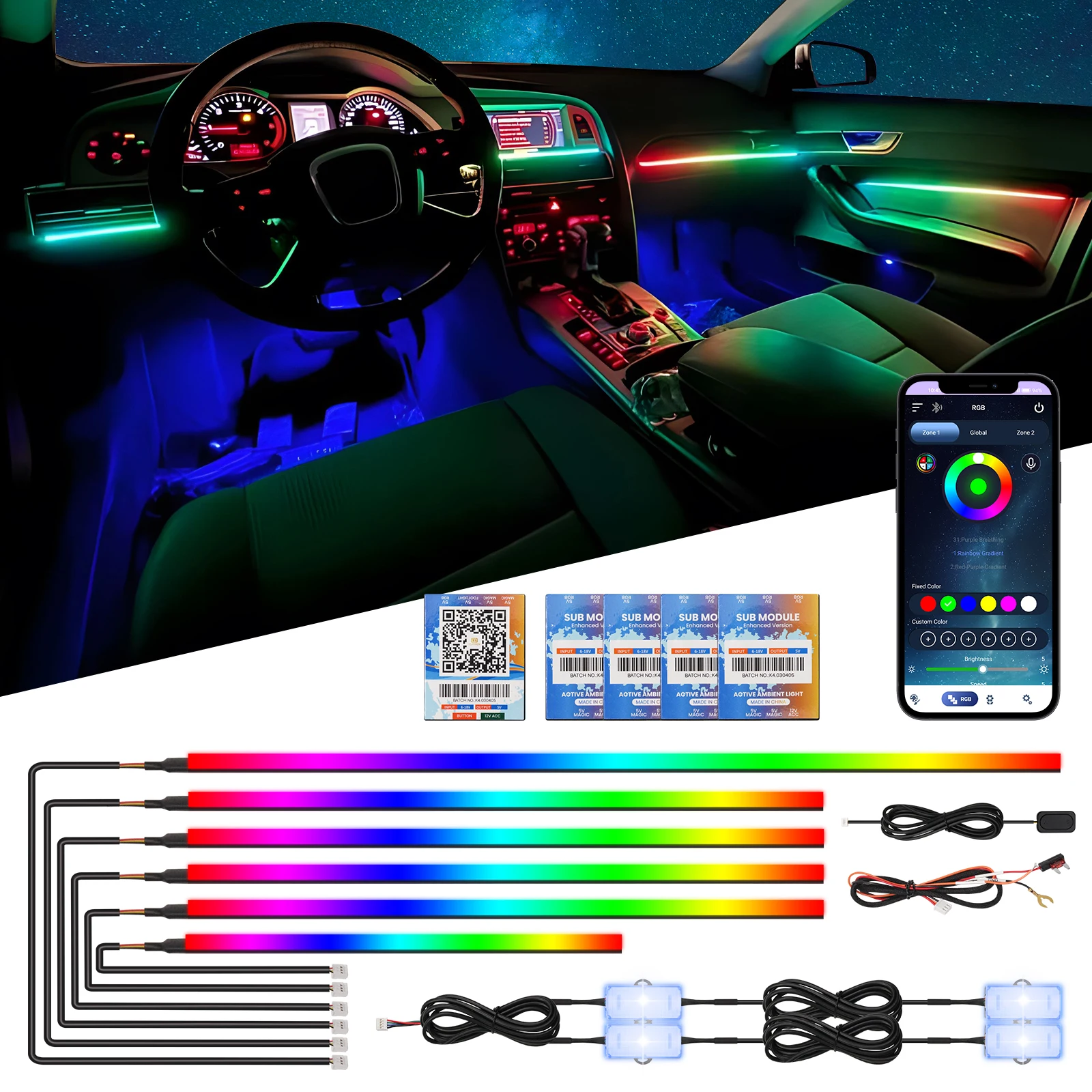 6/10/18 in 1 RGB Multiple Color Chasing Fiber Optic Light Kit APP Control Optical Fiber Mixed Color Timer Function Car Home Use