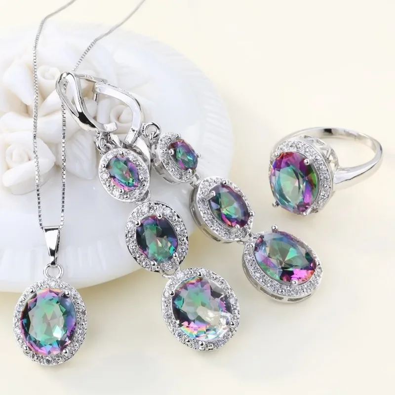 Luxury Colorful Cubic Zirconia Earrings Necklace Ring Fashion Wedding Three Piece Jewelry Set Exquisite Temperament Gift