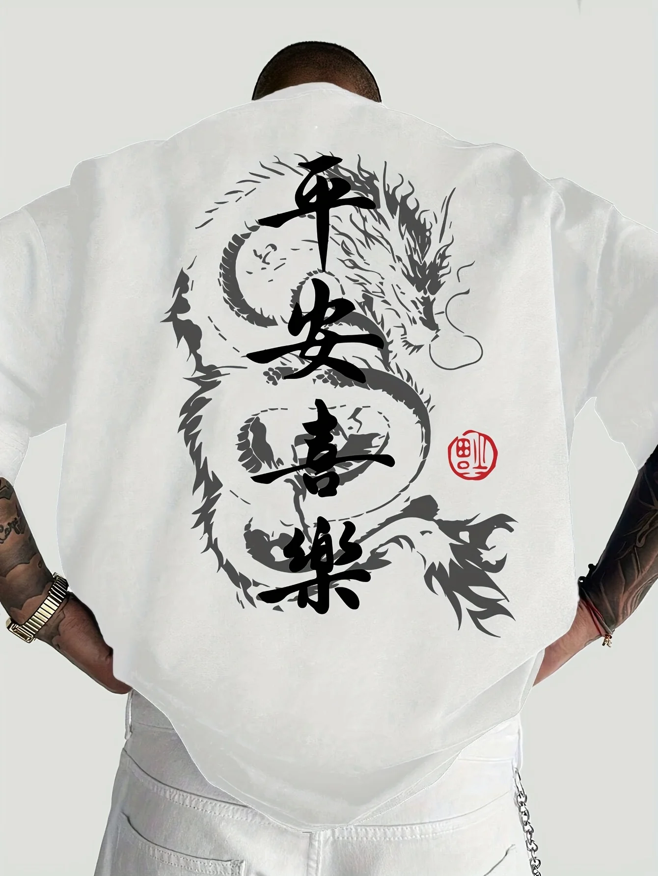 Casual Short-sleeved 100% Cotton Men's T-shirt with Peace Joy and Dragon Patterns Summer Loose-fitting Breathable Round-neck Top