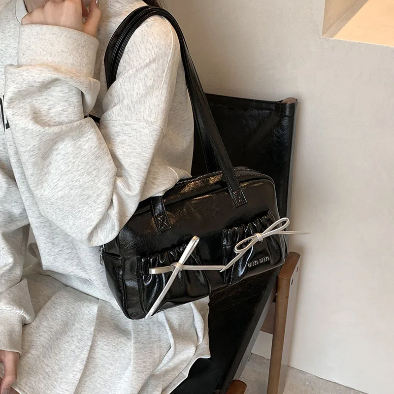 

HAEX Y2K Women Shoulder Bags Fashion Designer Silver Bow Boston Tote Bags Female Luxury Wrinkled All Match Daily Bolso Mujer