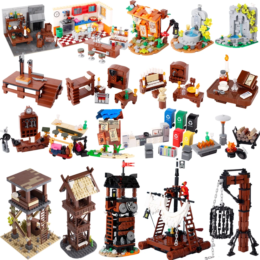 City Medieval MOC Building Blocks Bulletin Board Wizard  Watchtower Gangsters Tent Tower Hanging Cage Guillotine Toys Gift K019