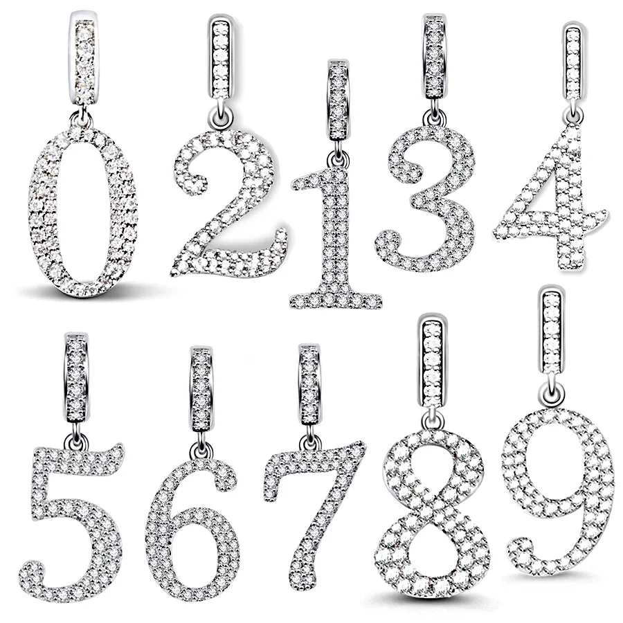 Authentic Sparkling 0—9 Arabic Numerals Dangle Charm Bead Fit Original 925 Sterling Silver Women Bracelet Necklace DIY Jewelry