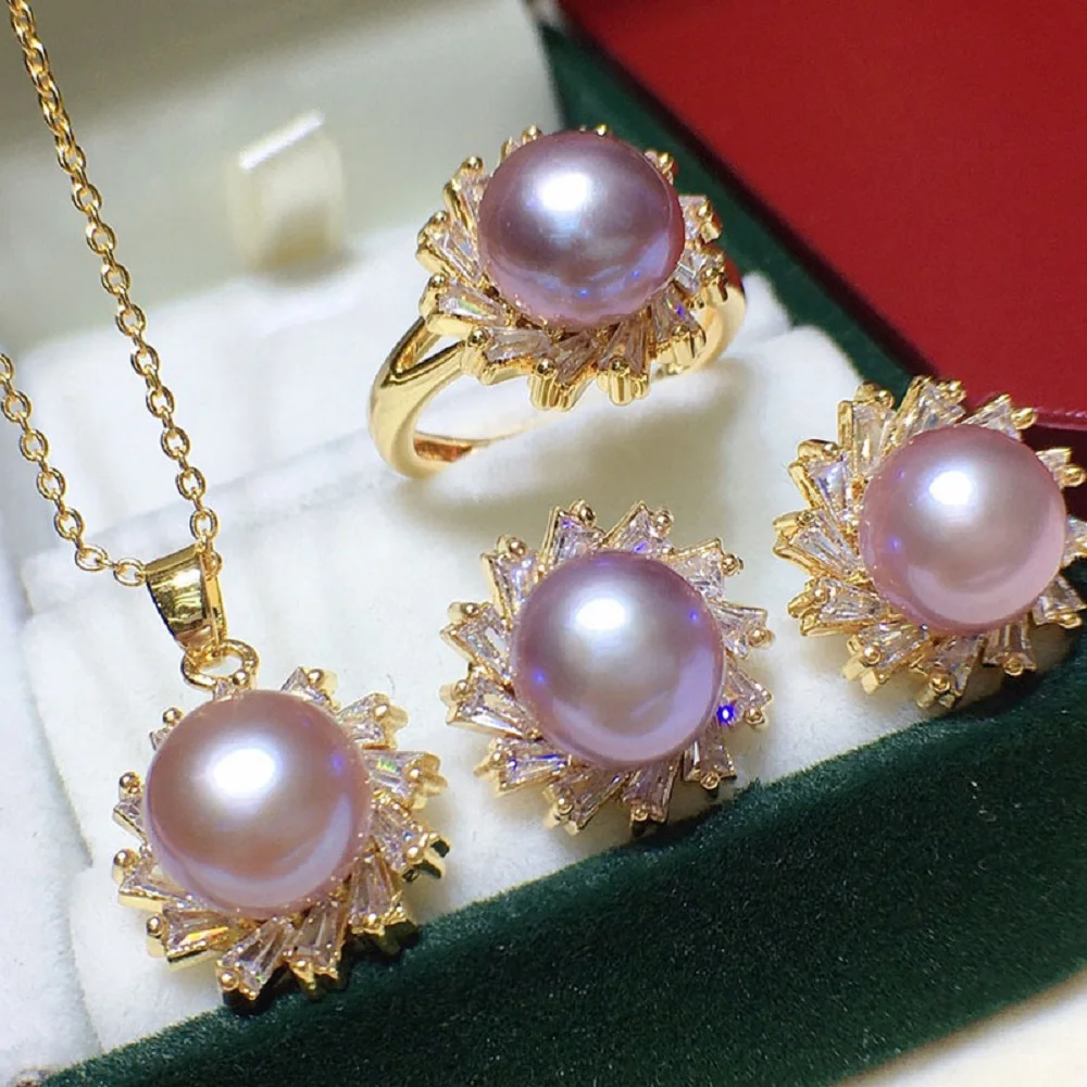 Three piece set of natural seawater pearls AAA+ 9-10mm akoya purple pink pearl Earrings Silver Authentic Earrings Pendant Ring