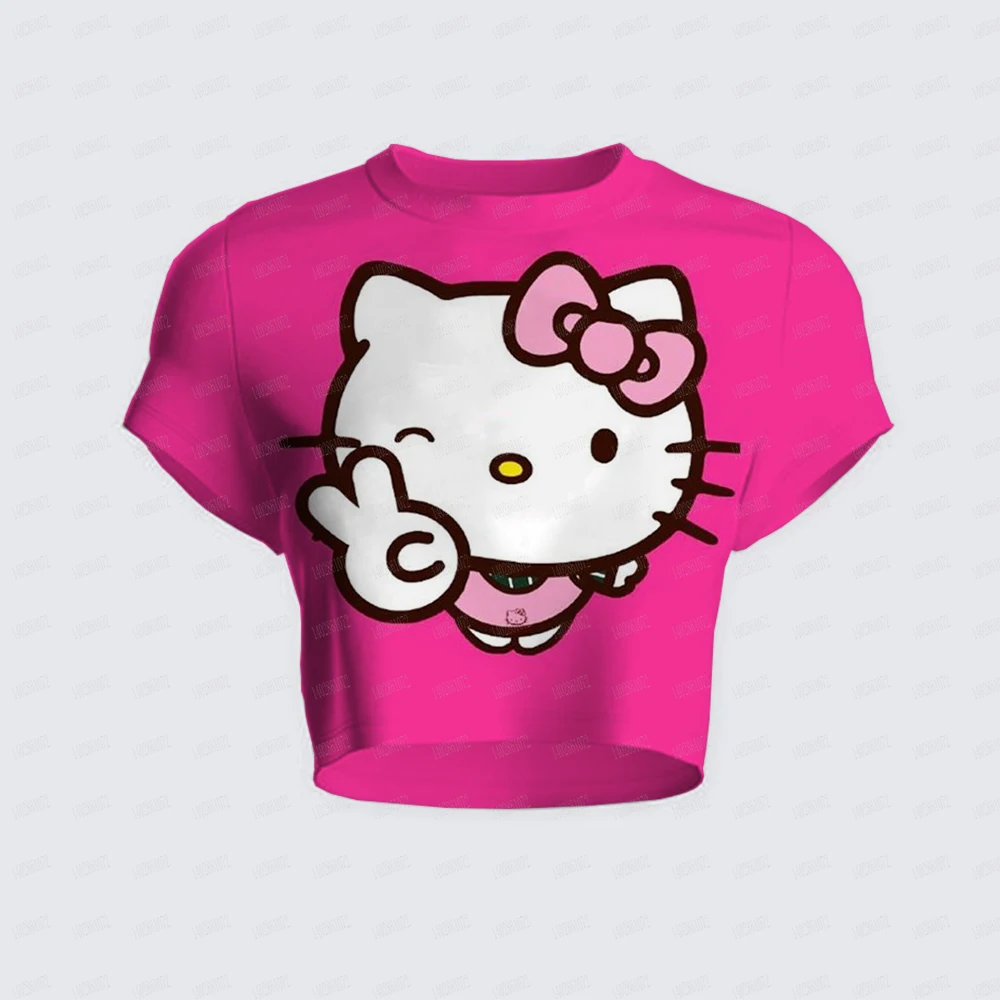 2024 Women Summer Short Sleeve T-shirt Hello Kitty Printing Round Neck Short Tops UltraShort Sexy Ladies Simple Fashion T-shirts