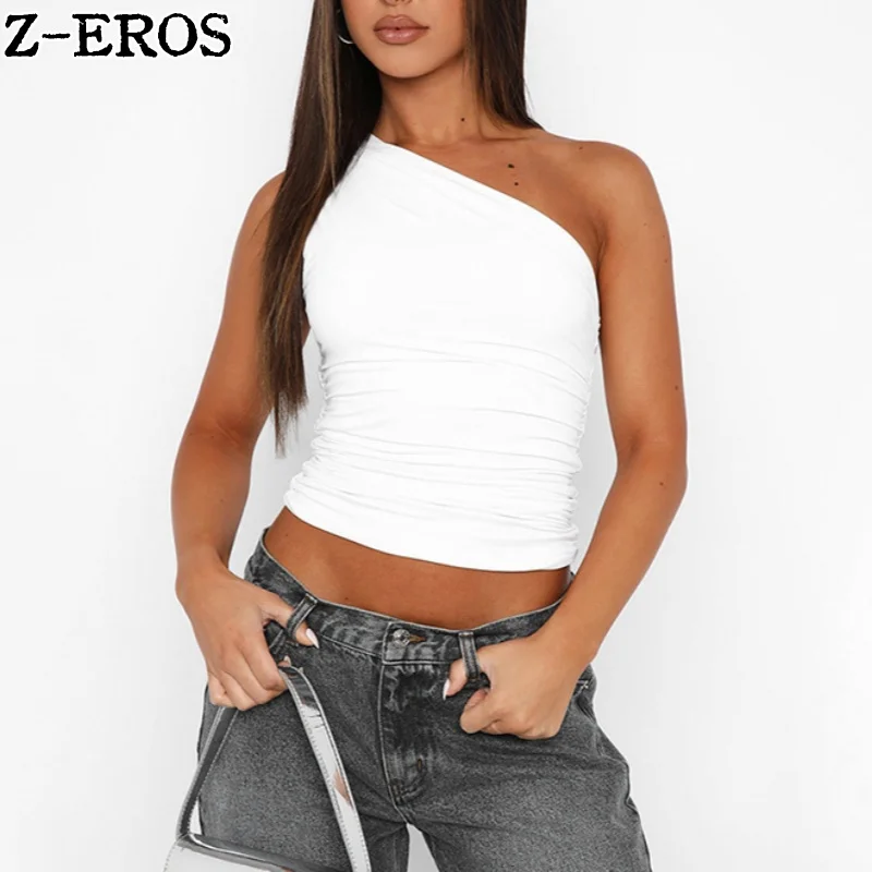 Z-EROS Solid Color Single Shoulder Backless Sleeveless Pleated Vest Top T-Shirt Women's Diagonal Collar Exposed Navel Pullover