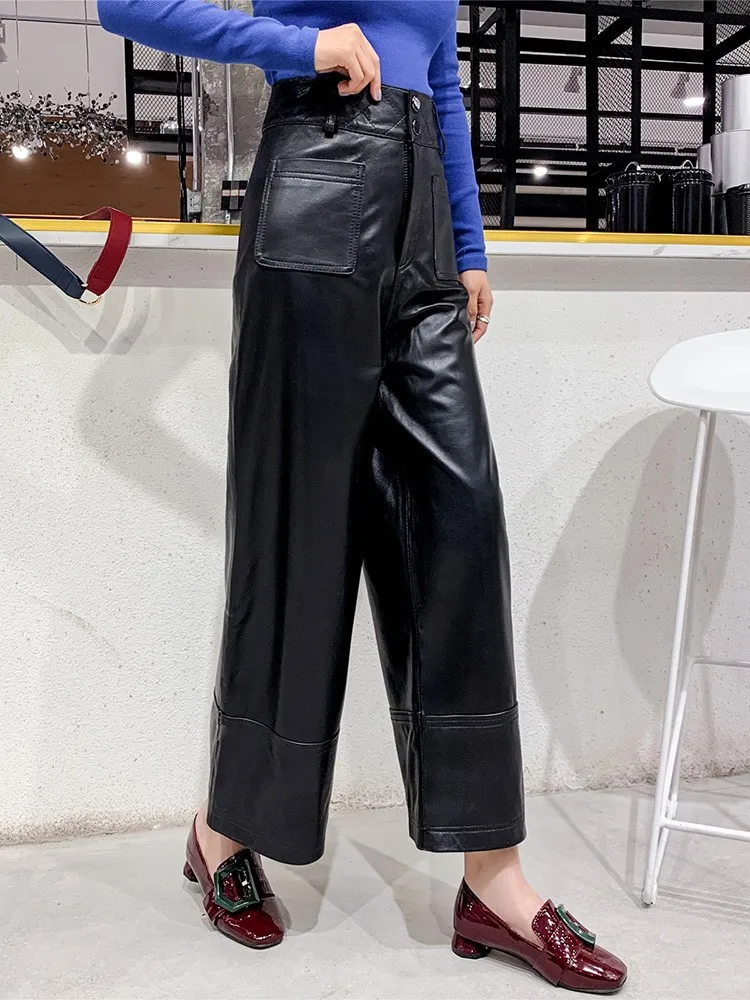 Genuine Leather High Waist Wide Leg Pants Women Fashion Loose Fit Straight Trousers Solid Color Natural Sheepskin Pants Female