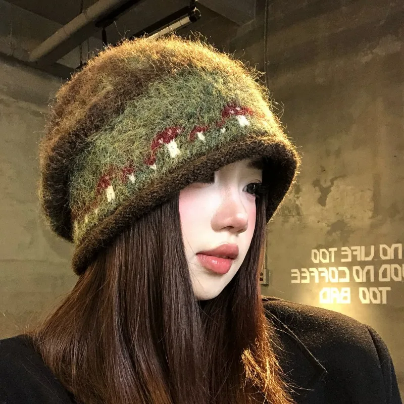 Fair Isle Slouchy Beanie Women 2026 New Vintage Rolled Brim Jacquard Knit Skull Cap Winter Warm