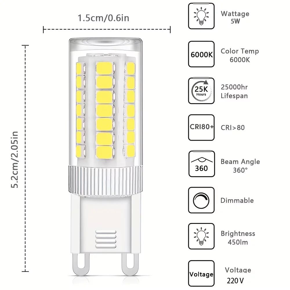 8Pcs G9 LED bulb dimmable 5W 7W 9W 12W 15W 18W 220V flicker-free 360° beam angle, household lighting bedroom living room 450LM