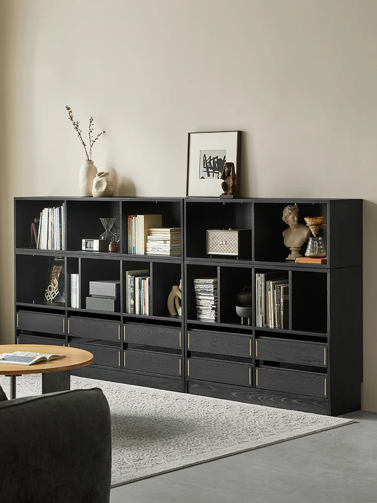 Furniture: solid wood bookcase, modular combination sideboard, floor-to-ceiling low cabinet, living room, TV cabinet, black