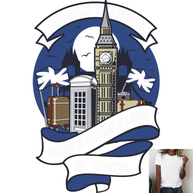 London Travel Element Heat Transfer White Ink Iron - on Patch, Telephone Booth Big Ben Luggage Pattern, Suitable for T -