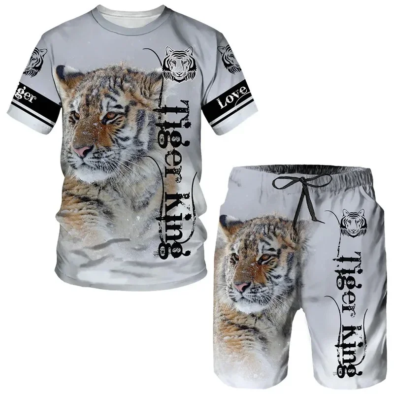 Tiger Animal 3D Print T-Shirt Summer Street Tracksuit Short Sleeve Men's Clothing Round Men Shorts Neck Casual Tops Pants Set