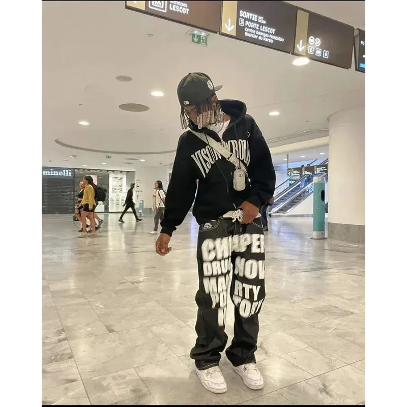 Hip Hop lettre imprimé pantalon noir hommes femmes tendance jeans mode punk ample droit jambe large pantalon streetwear