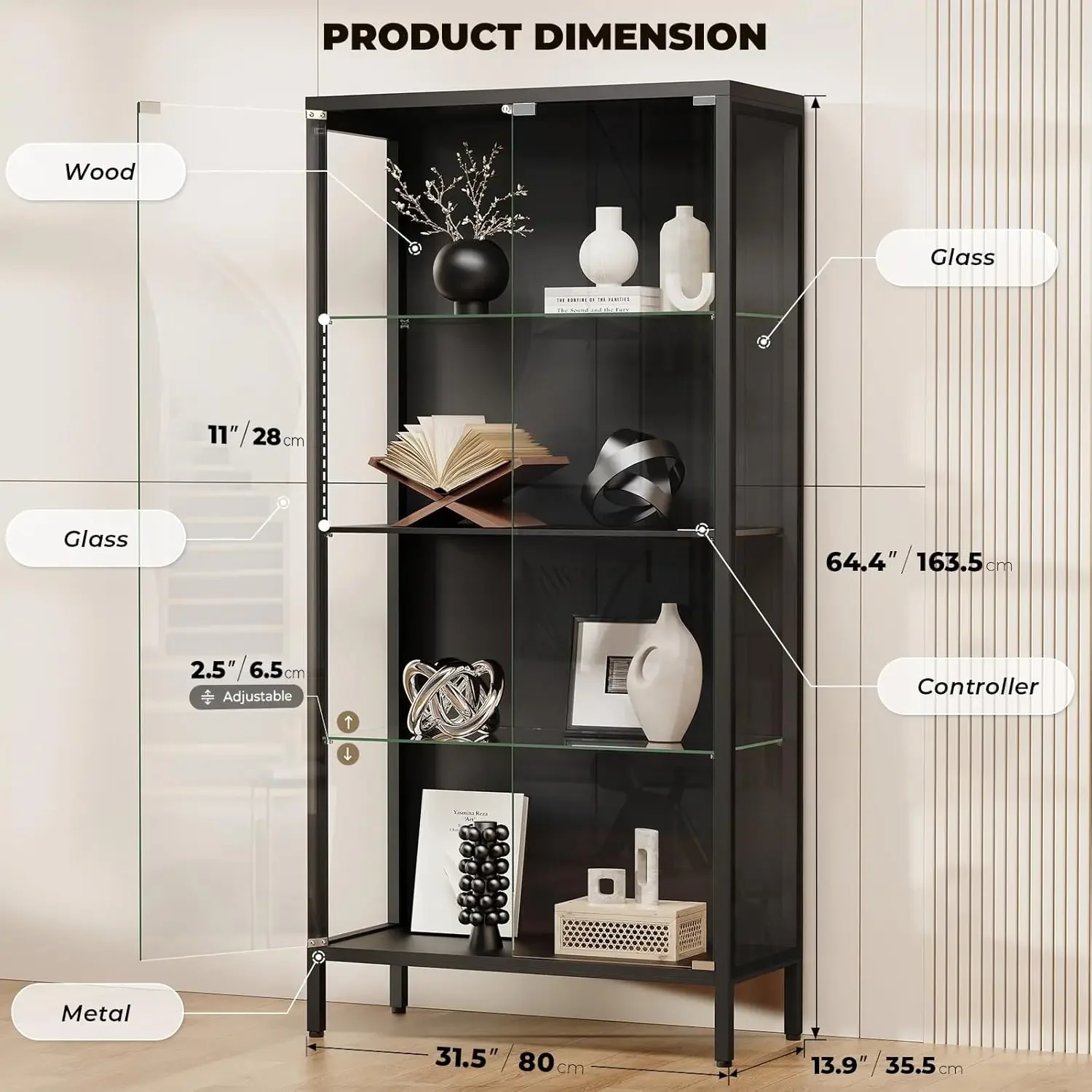 Black 4 Tier Glass Door Display Cabinet Curio Case With Motion Sensor Three Color Lights Adjustable Glass Shelves Storage Bookca
