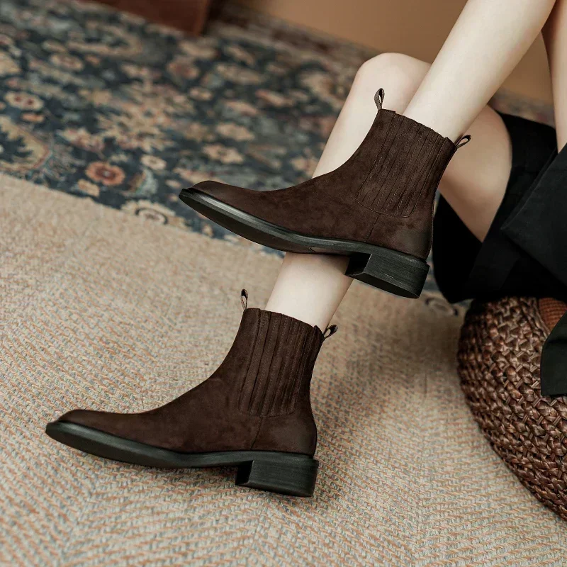 2024 New Autumn Women Boots Brown Chelsea Boots Genuine Leather Women Shoes Winter Retro Ankle Boots Leather Ladies Shoes