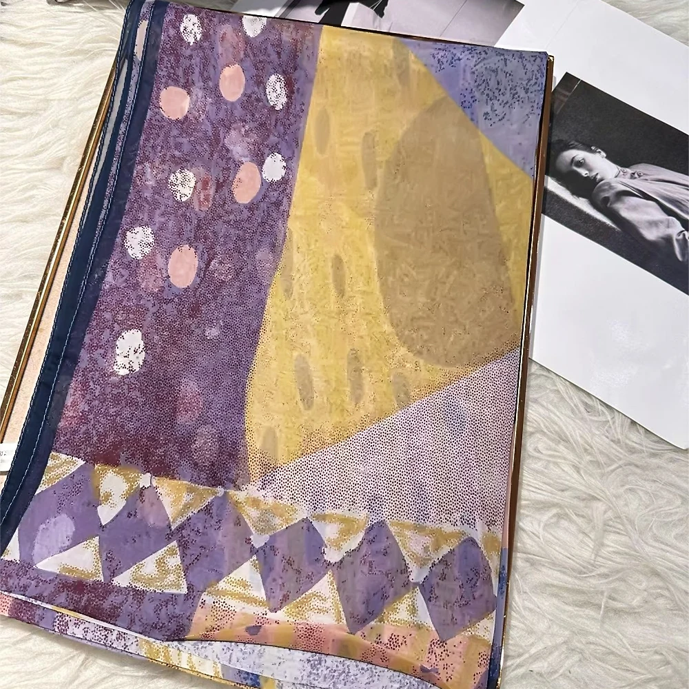[BYSIFA] Summer 100% Silk Scarf Shawl 180×110cm Women Lightweight Sunscreen Purple and Yellow Print Long Scarves