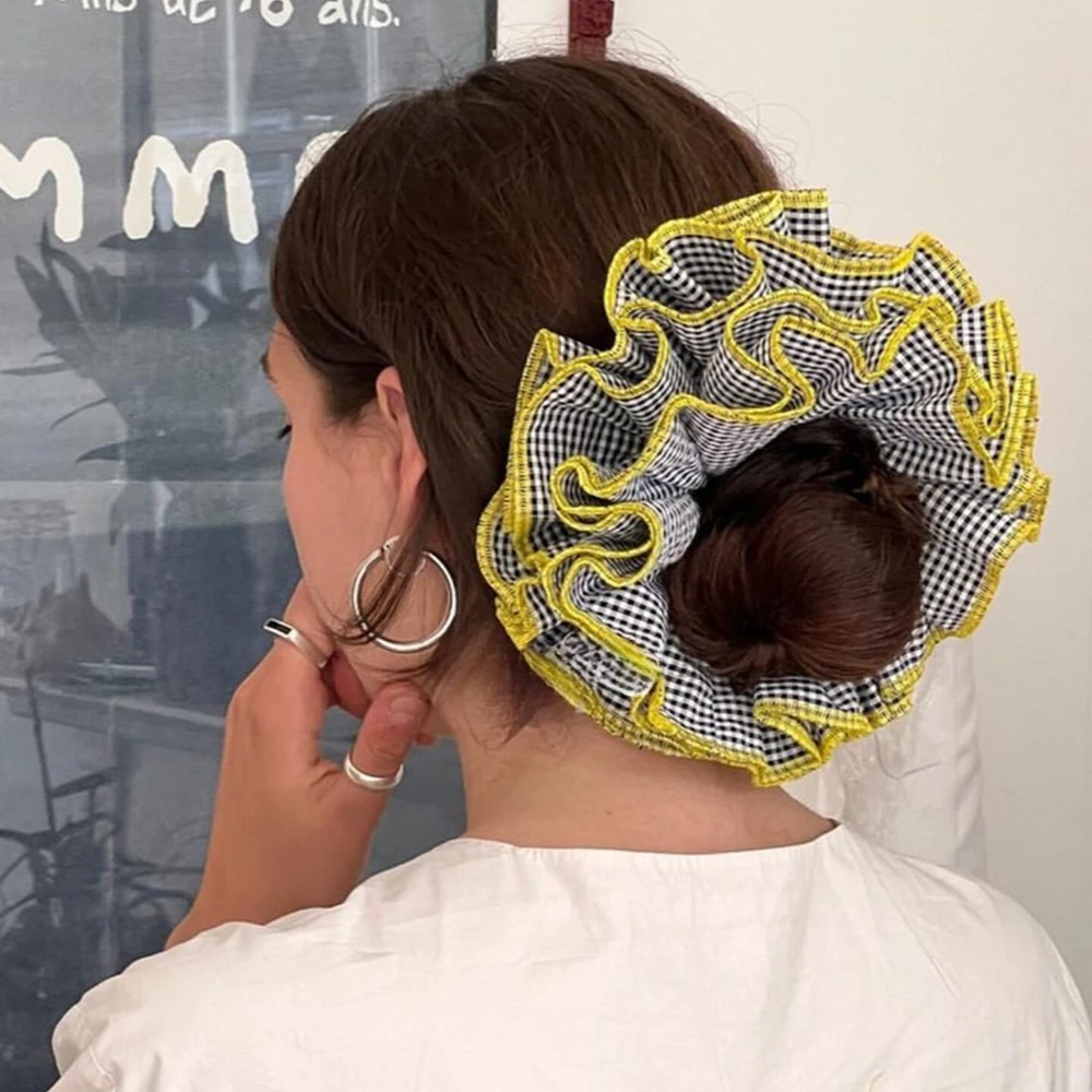 Fashion Layered Gingham Scrunchies 4 Layers Ruffle Oversized Hair Ties for Women Girls Cute Elastic Hair Bands Hair Accessories