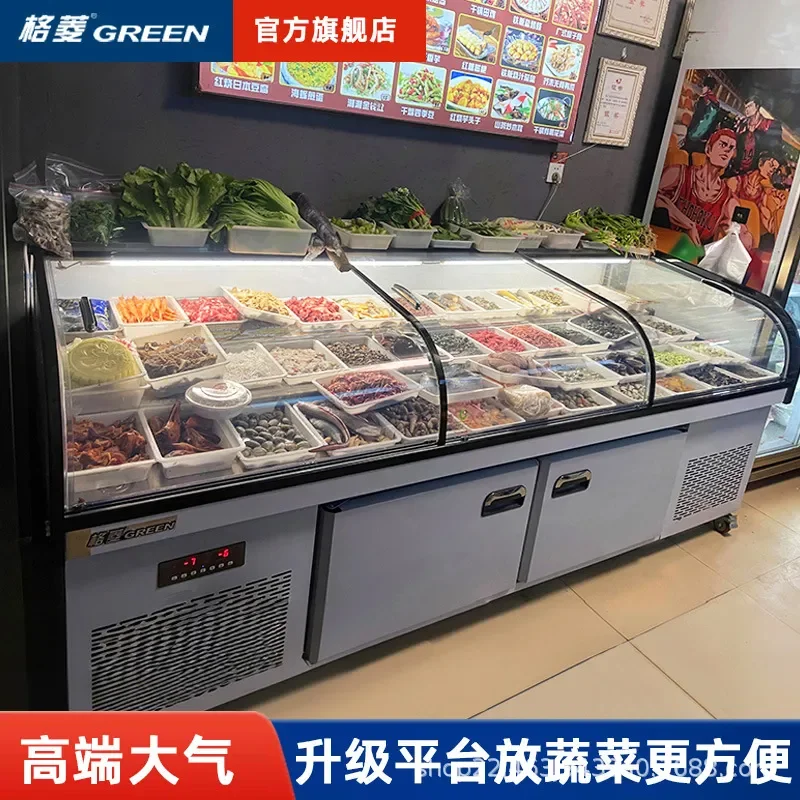 For Commercial Kitchen Double Door Refrigerated Display Cabinet Stainless Steel Fresh Fruit Seafood BBQ Frozen Food Showcase