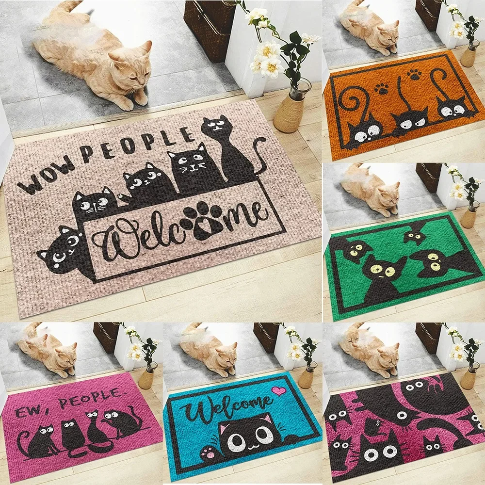 Cute Black Cats Welcome Doormat with WOW PEOPLE Text and Paw Print Design Non Slip Indoor Outdoor Entrance Rug for Pet Lovers